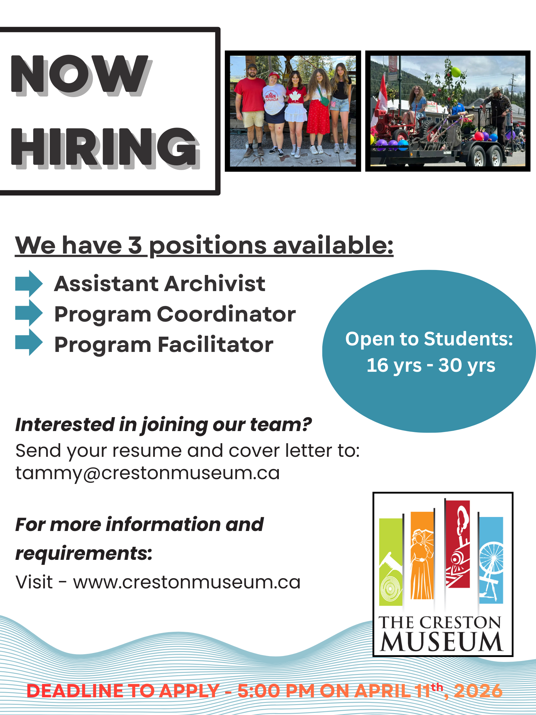 Creston Museum is hiring college and university students for summer work!